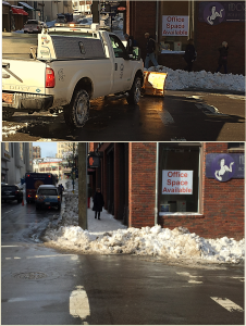 This plow operator deliberately moved snow from parking lanes to a crosswalk. He then pushed the snow against the curb ramp, blocking pedestrian access. 